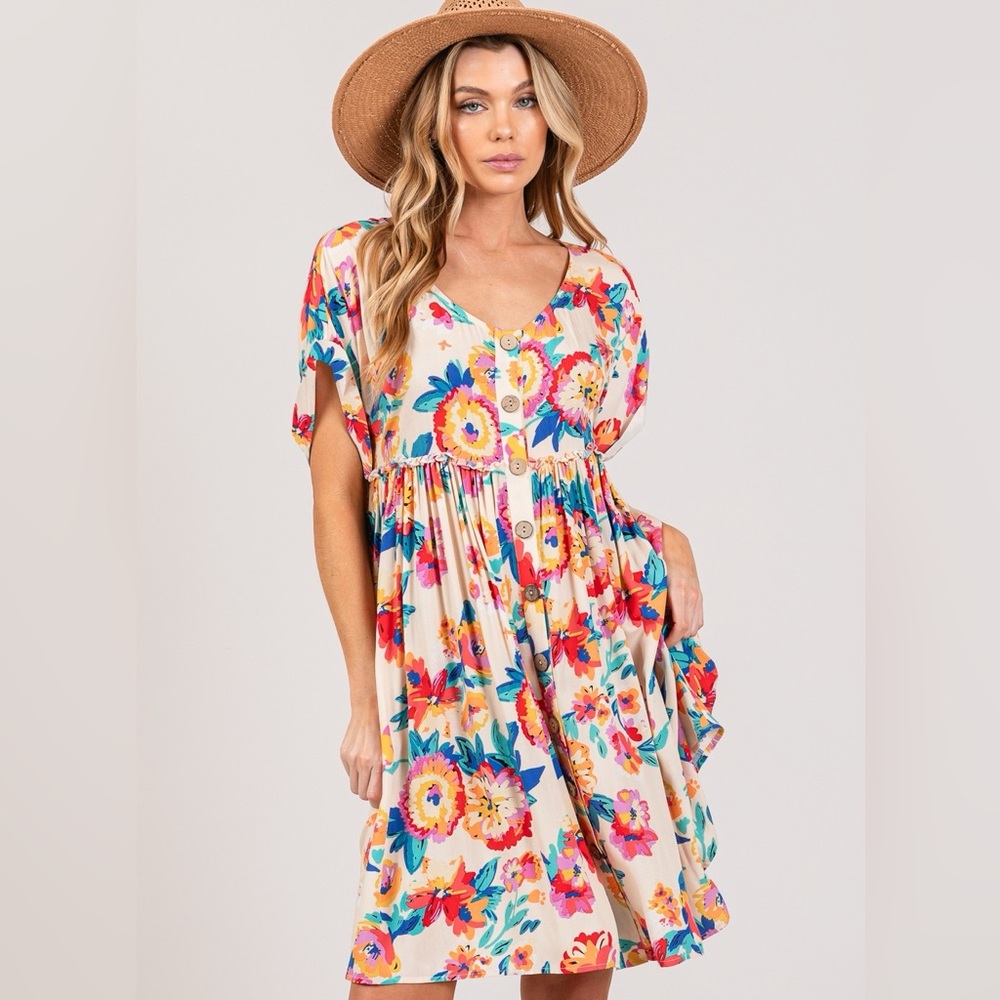 SAGE + FIG Full Size Floral Button-Down Short Sleeve Dress